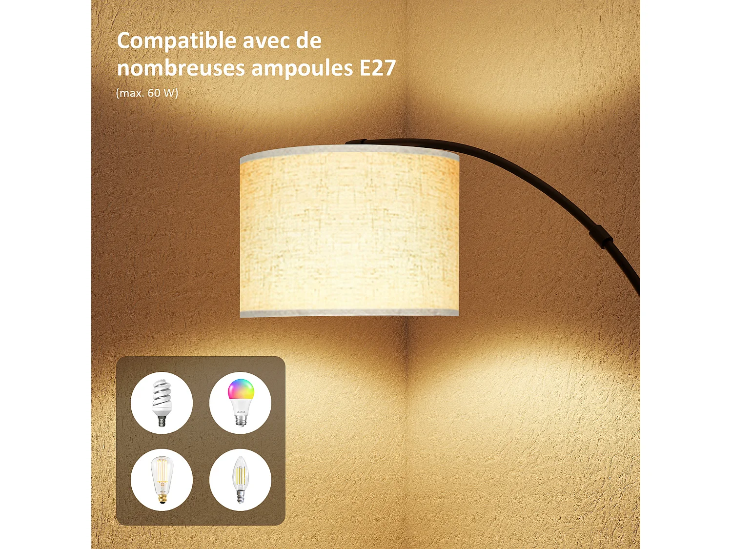 Lampadaire à arc - Puluomis - abat‑jour lin 270° orientable, télécommande + pédale, température de couleur variable, minuterie 1h - Noir