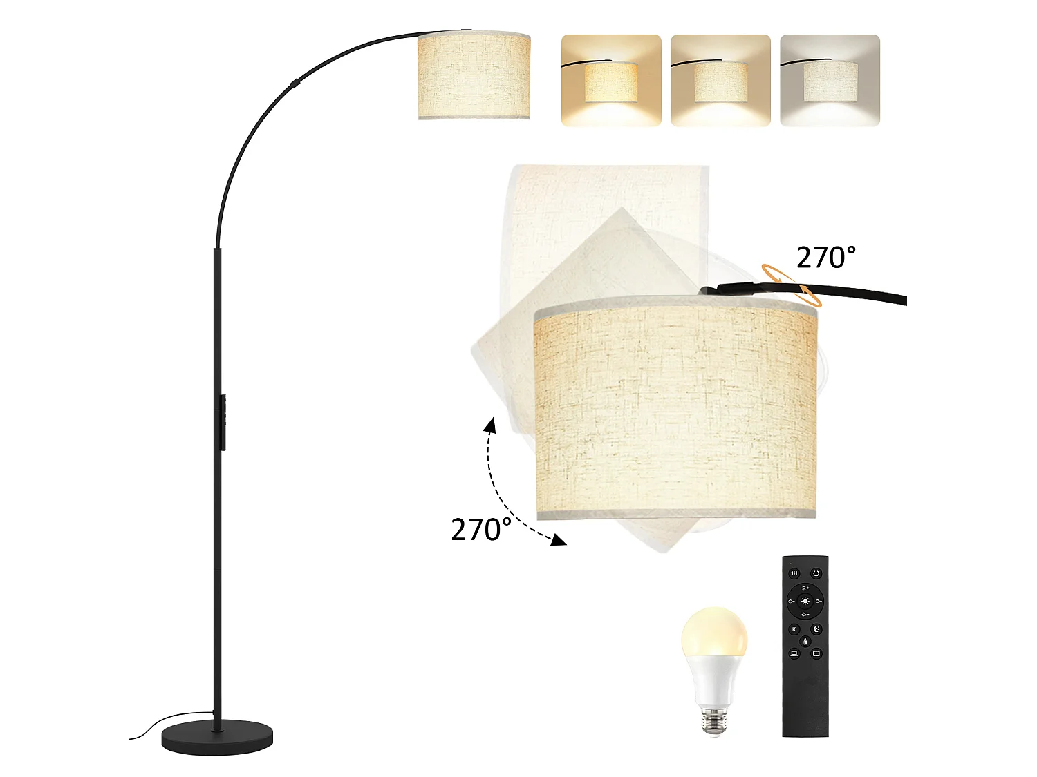 Lampadaire à arc - Puluomis - abat‑jour lin 270° orientable, télécommande + pédale, température de couleur variable, minuterie 1h - Noir