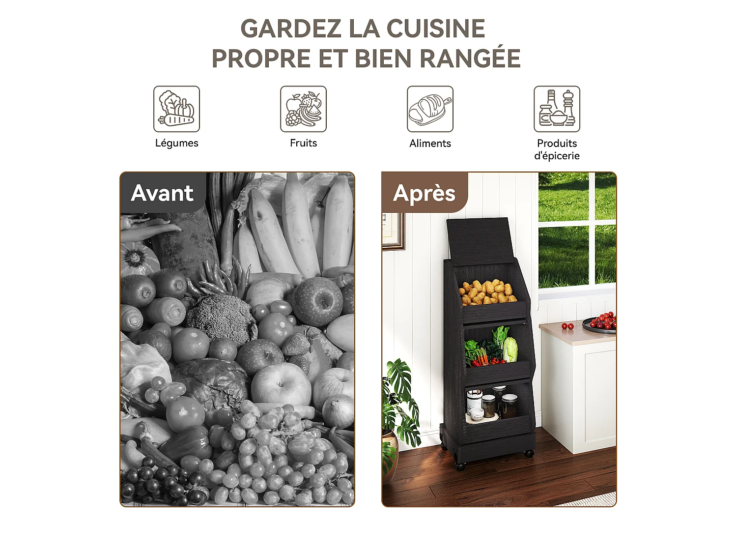Meuble de rangement de cuisine mobile - Puluomis - à plusieurs niveaux, roulettes 360°, porte rabattable, grille d’aération - Noir