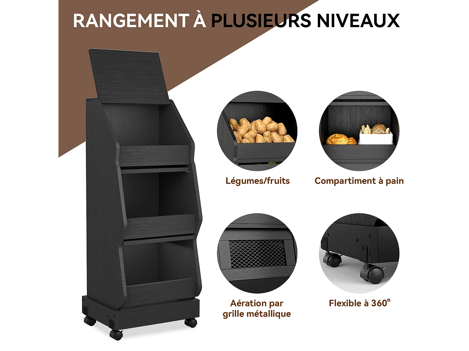 Meuble de rangement de cuisine mobile - Puluomis - à plusieurs niveaux, roulettes 360°, porte rabattable, grille d’aération - Noir