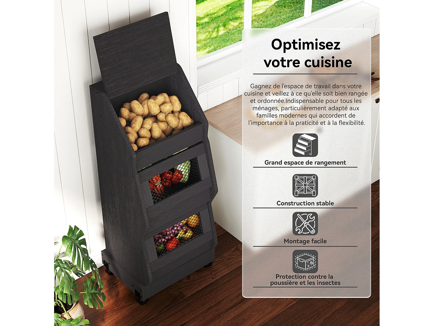 Meuble de rangement de cuisine mobile - Puluomis - à plusieurs niveaux, roulettes 360°, porte rabattable, grille d’aération - Noir