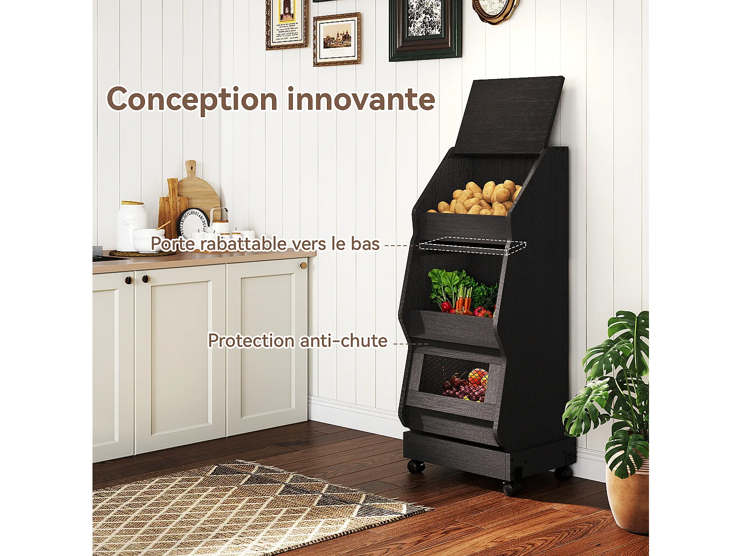 Meuble de rangement de cuisine mobile - Puluomis - à plusieurs niveaux, roulettes 360°, porte rabattable, grille d’aération - Noir