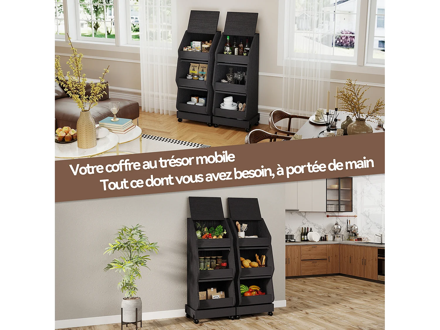 Meuble de rangement de cuisine mobile - Puluomis - à plusieurs niveaux, roulettes 360°, porte rabattable, grille d’aération - Noir