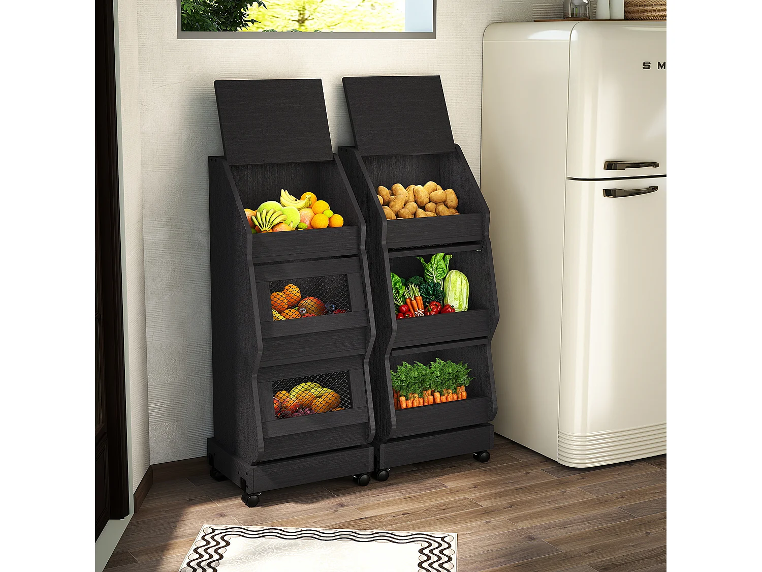 Meuble de rangement de cuisine mobile - Puluomis - à plusieurs niveaux, roulettes 360°, porte rabattable, grille d’aération - Noir