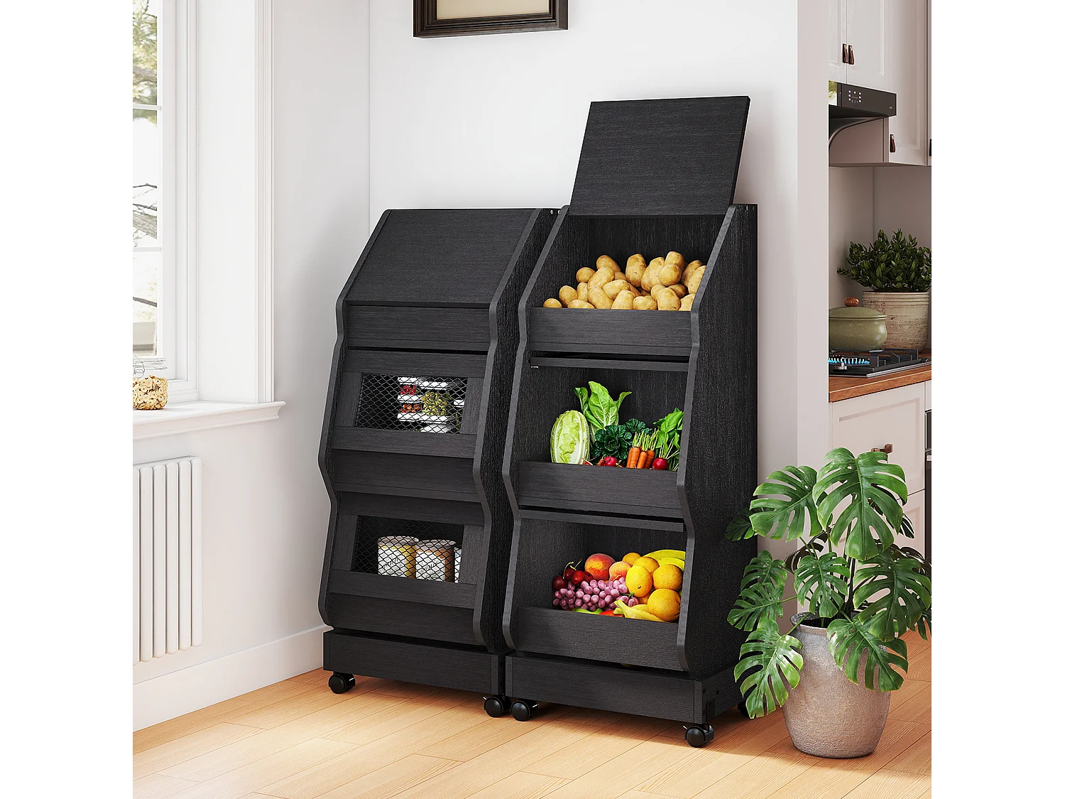 Meuble de rangement de cuisine mobile - Puluomis - à plusieurs niveaux, roulettes 360°, porte rabattable, grille d’aération - Noir