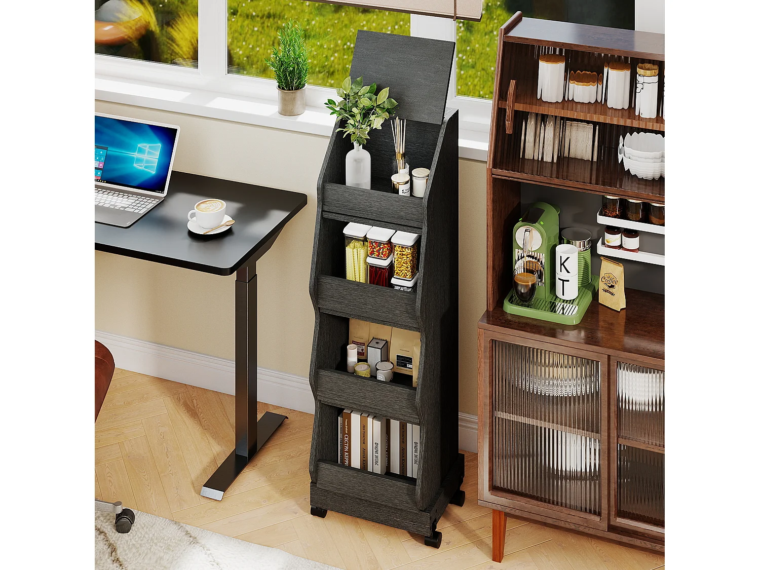 Meuble de rangement de cuisine mobile - Puluomis - à plusieurs niveaux, roulettes 360°, porte rabattable, grille d’aération - Noir