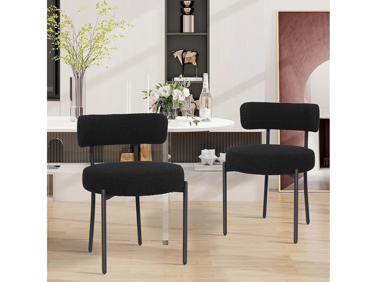 Chaise de salle à manger bouclette - Puluomis - Assise épaisse 10 cm, pieds métalliques, housse amovible, capacité de charge 150 kg - Noir