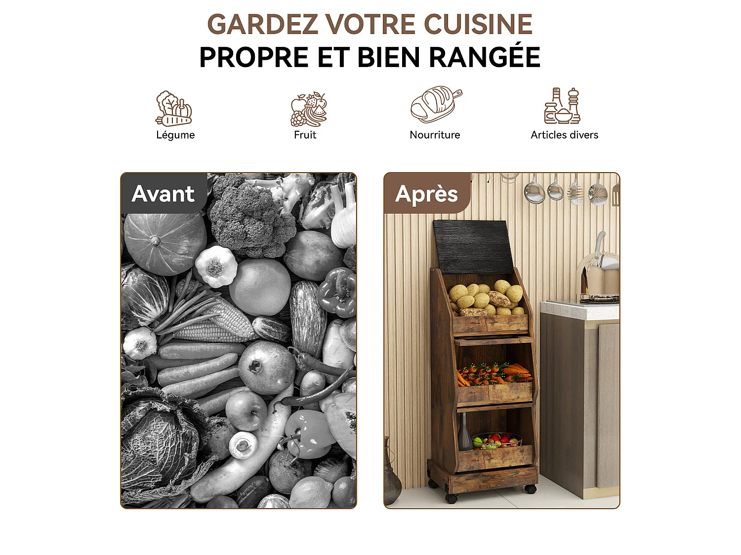 Meuble de rangement de cuisine mobile - Puluomis - à plusieurs niveaux, roulettes 360°, porte rabattable, grille d’aération - Brun