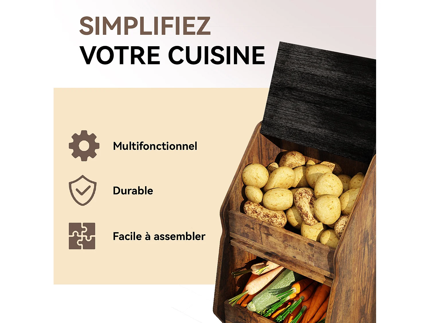 Meuble de rangement de cuisine mobile - Puluomis - à plusieurs niveaux, roulettes 360°, porte rabattable, grille d’aération - Brun