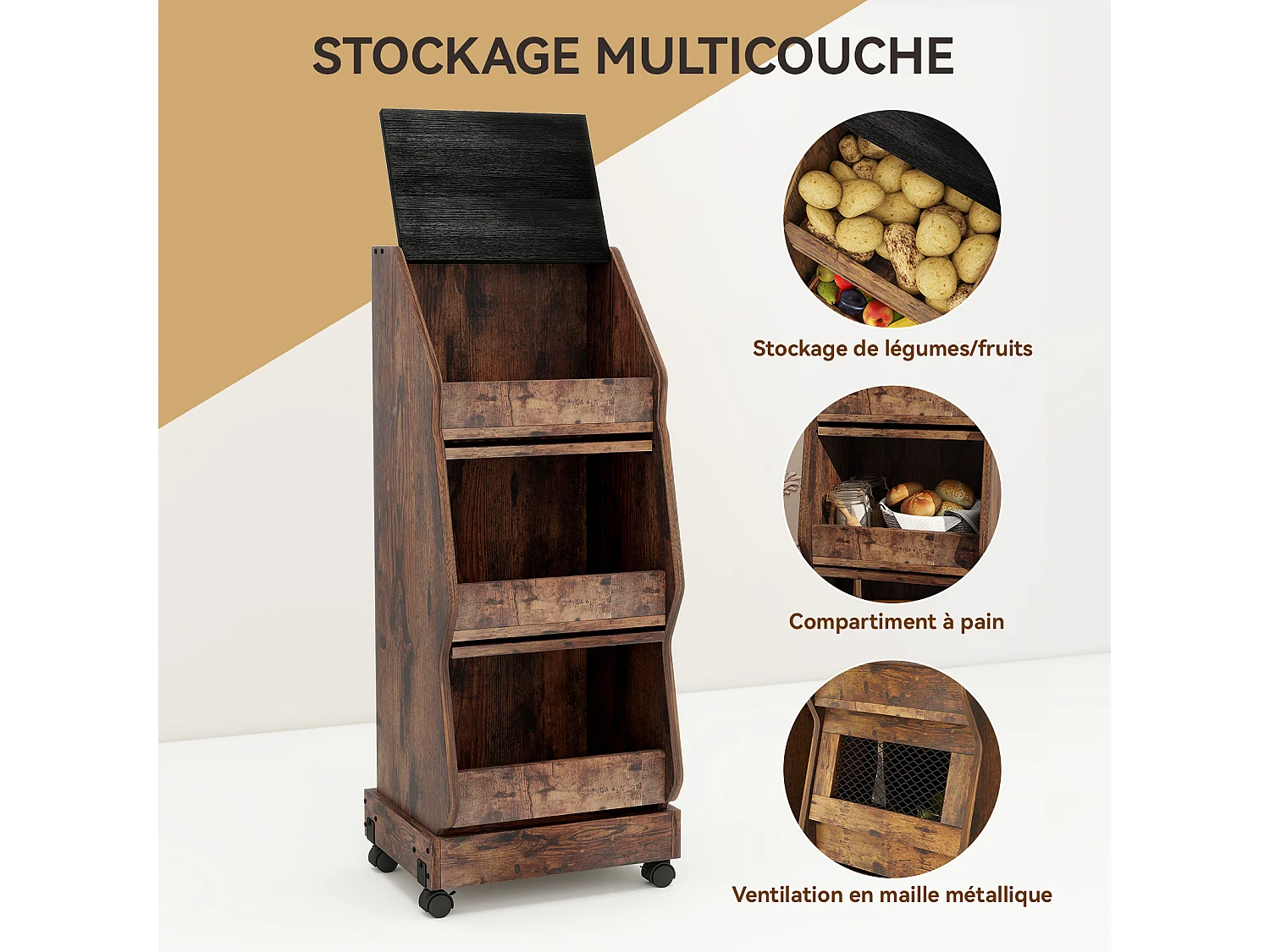 Meuble de rangement de cuisine mobile - Puluomis - à plusieurs niveaux, roulettes 360°, porte rabattable, grille d’aération - Brun