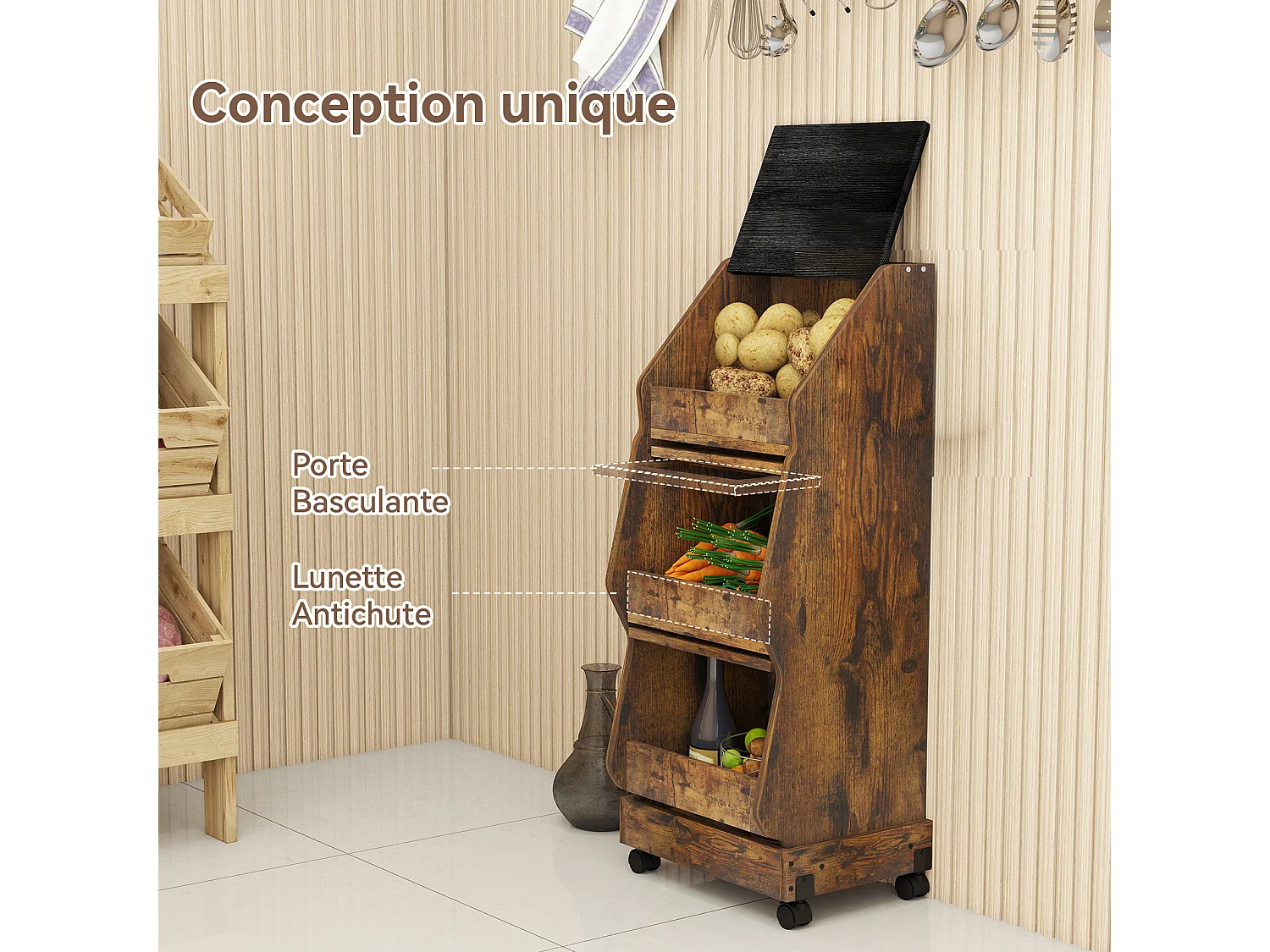 Meuble de rangement de cuisine mobile - Puluomis - à plusieurs niveaux, roulettes 360°, porte rabattable, grille d’aération - Brun