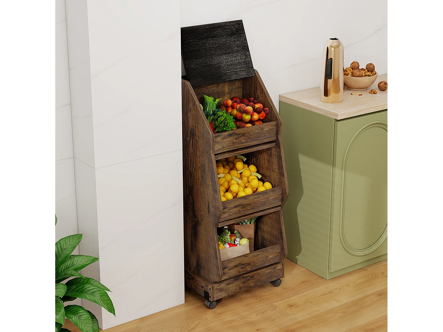 Meuble de rangement de cuisine mobile - Puluomis - à plusieurs niveaux, roulettes 360°, porte rabattable, grille d’aération - Brun