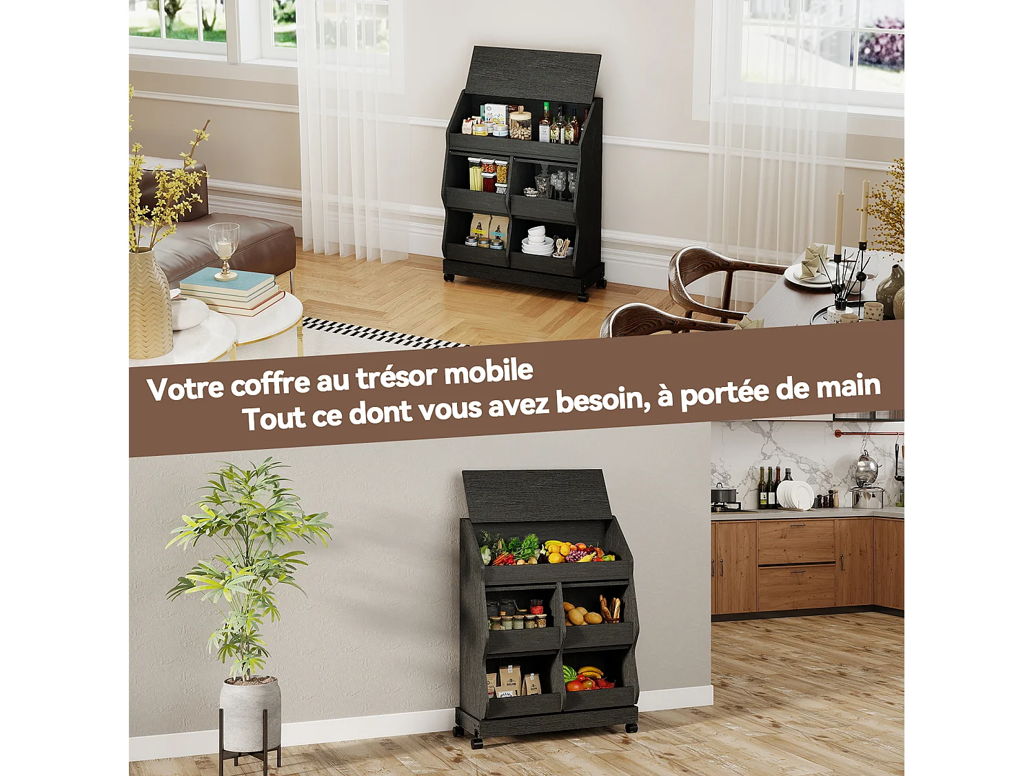 Armoire de rangement cuisine mobile - Puluomis - Multi-compartiments, porte rabattable, roulettes verrouillables - Noir