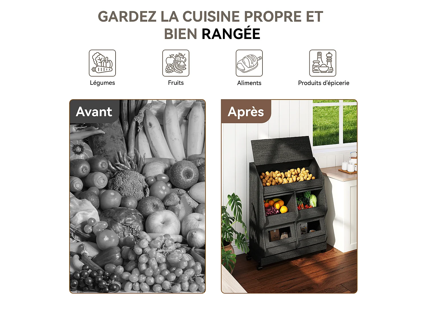 Armoire de rangement cuisine mobile - Puluomis - Multi-compartiments, porte rabattable, roulettes verrouillables - Noir
