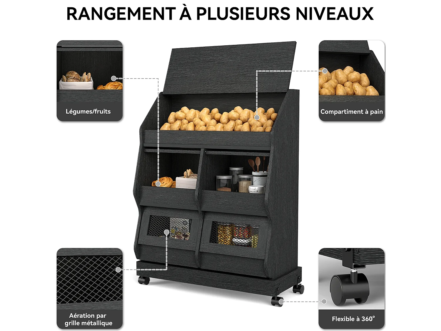 Armoire de rangement cuisine mobile - Puluomis - Multi-compartiments, porte rabattable, roulettes verrouillables - Noir