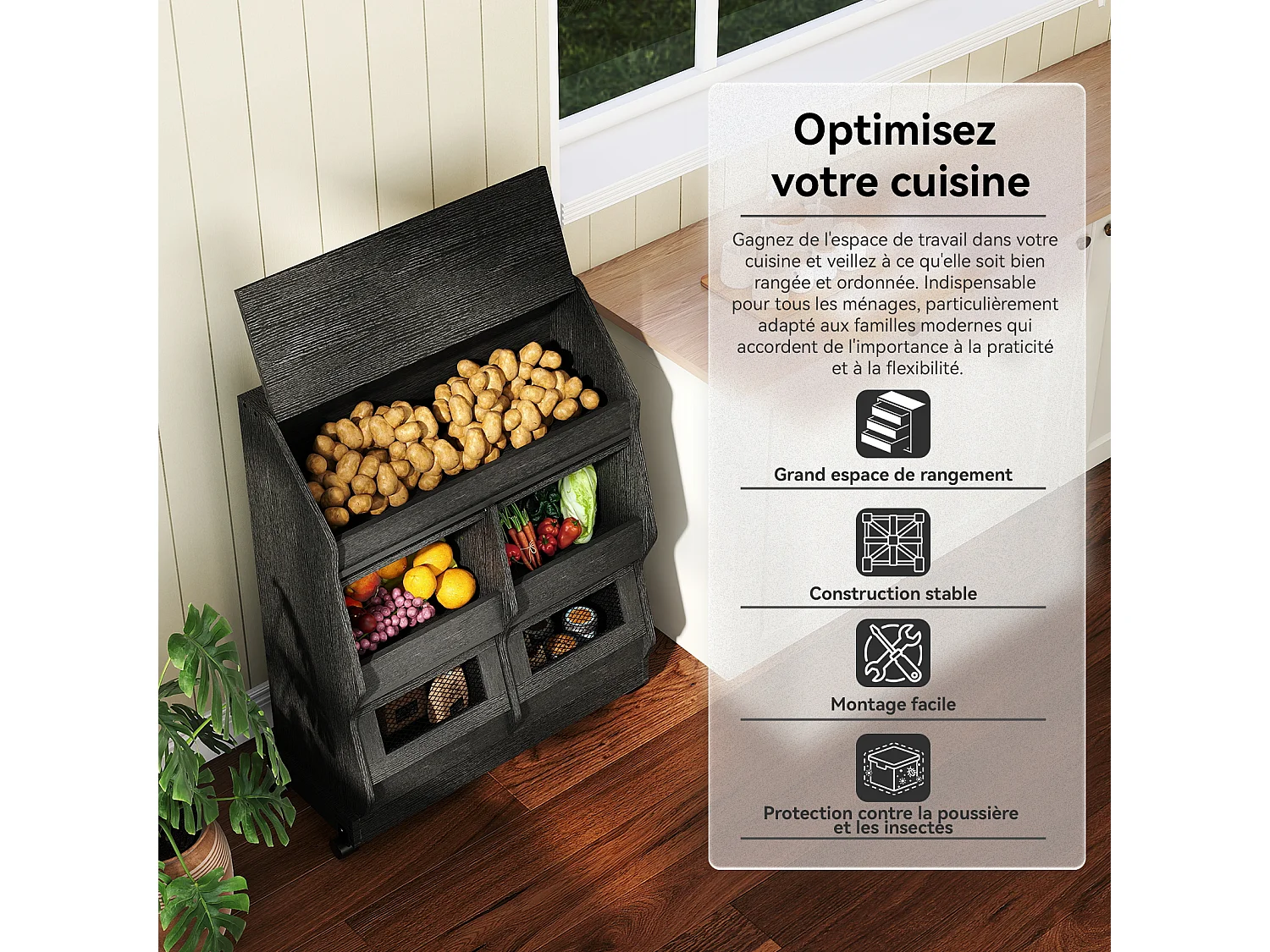 Armoire de rangement cuisine mobile - Puluomis - Multi-compartiments, porte rabattable, roulettes verrouillables - Noir
