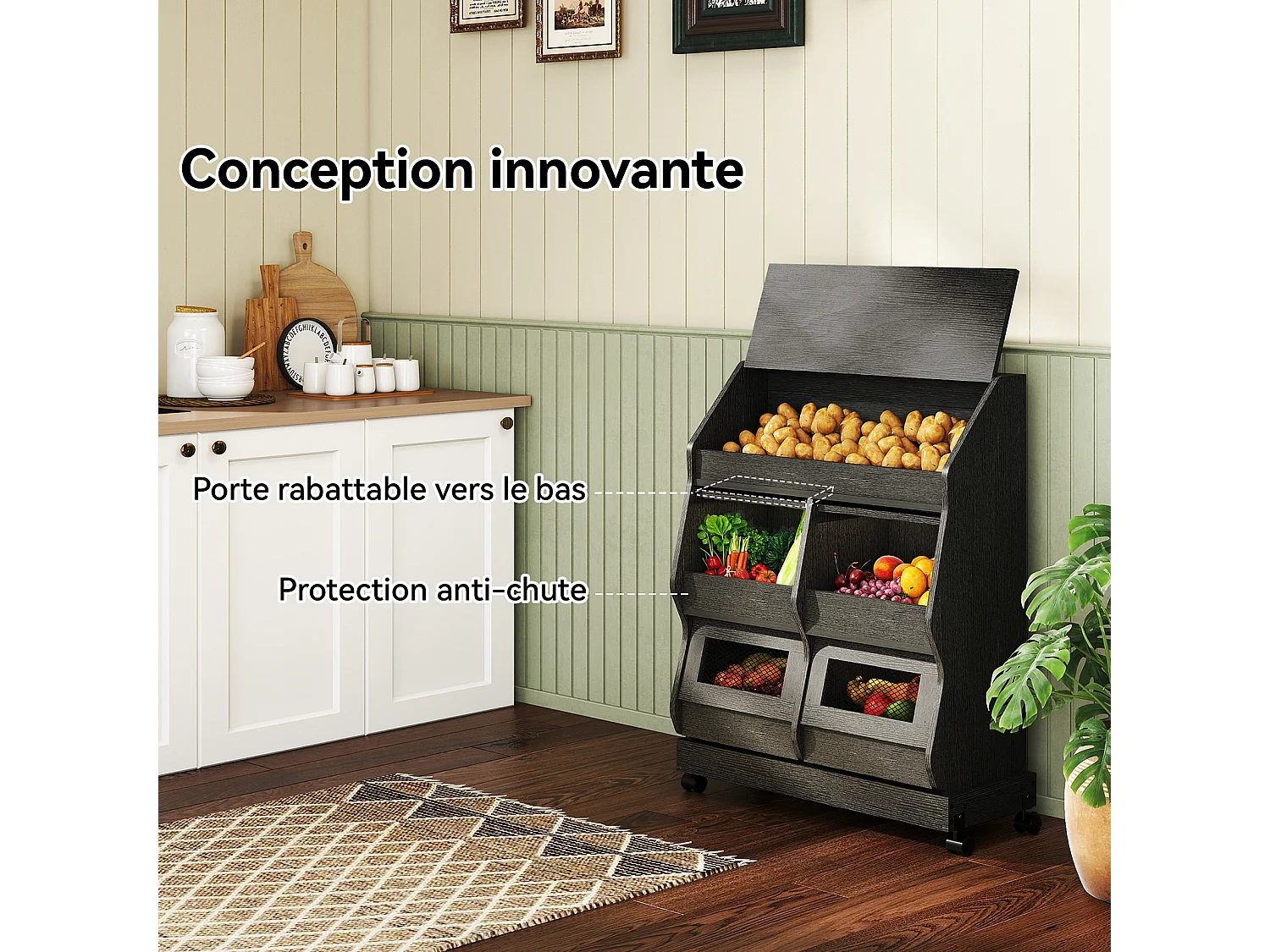 Armoire de rangement cuisine mobile - Puluomis - Multi-compartiments, porte rabattable, roulettes verrouillables - Noir