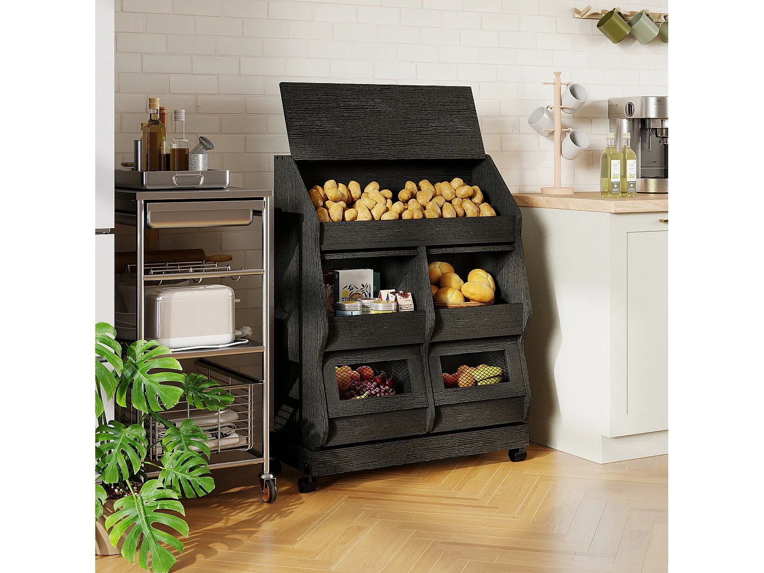 Armoire de rangement cuisine mobile - Puluomis - Multi-compartiments, porte rabattable, roulettes verrouillables - Noir
