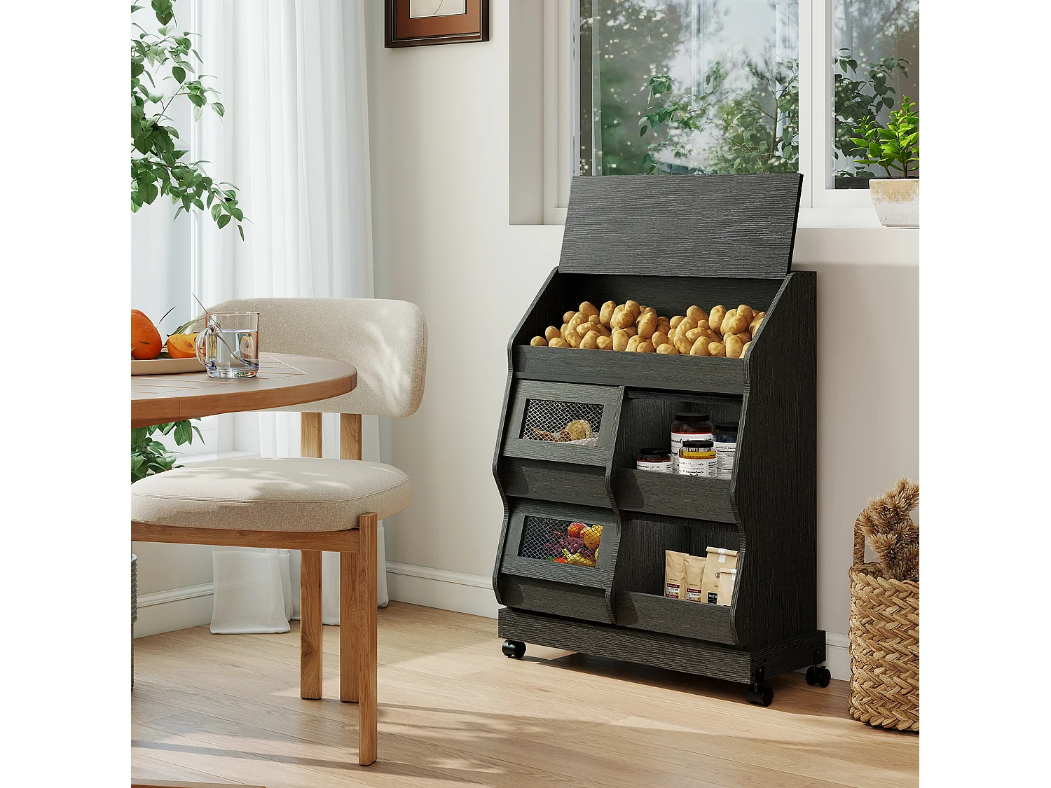 Armoire de rangement cuisine mobile - Puluomis - Multi-compartiments, porte rabattable, roulettes verrouillables - Noir
