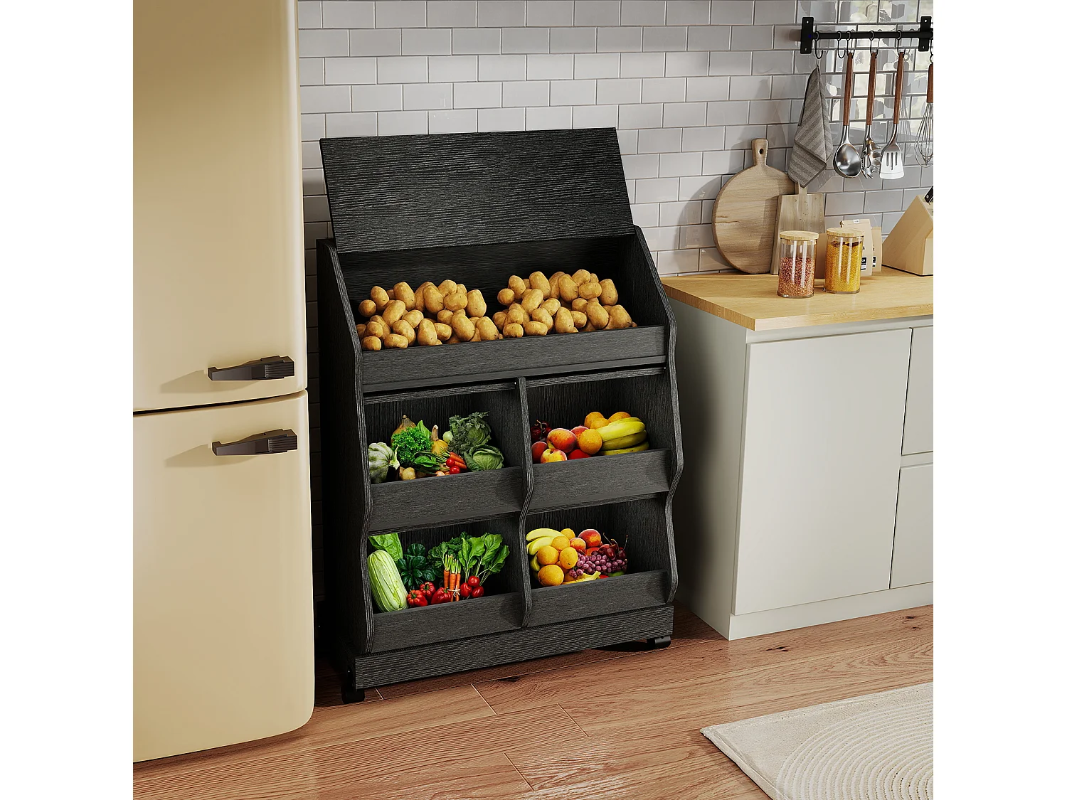 Armoire de rangement cuisine mobile - Puluomis - Multi-compartiments, porte rabattable, roulettes verrouillables - Noir