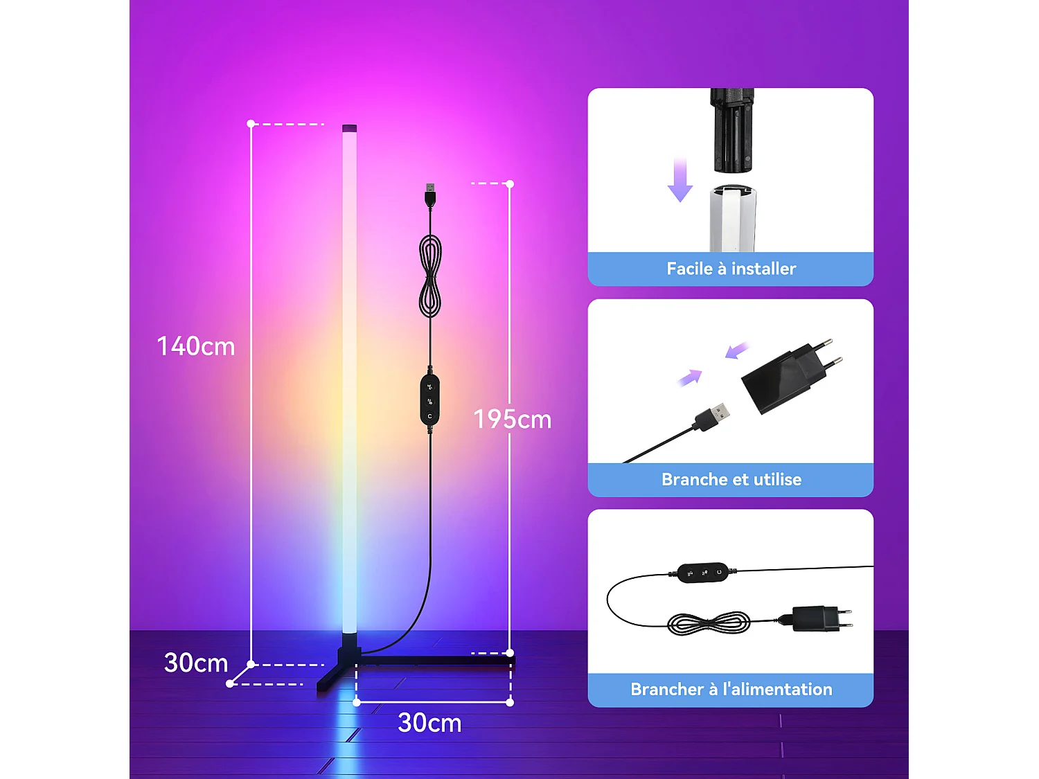 Lampadaire RGB - Puluomis - Contrôle APP, télécommande et interrupteur filaire, synchronisation musicale, fonction minuterie - Noir