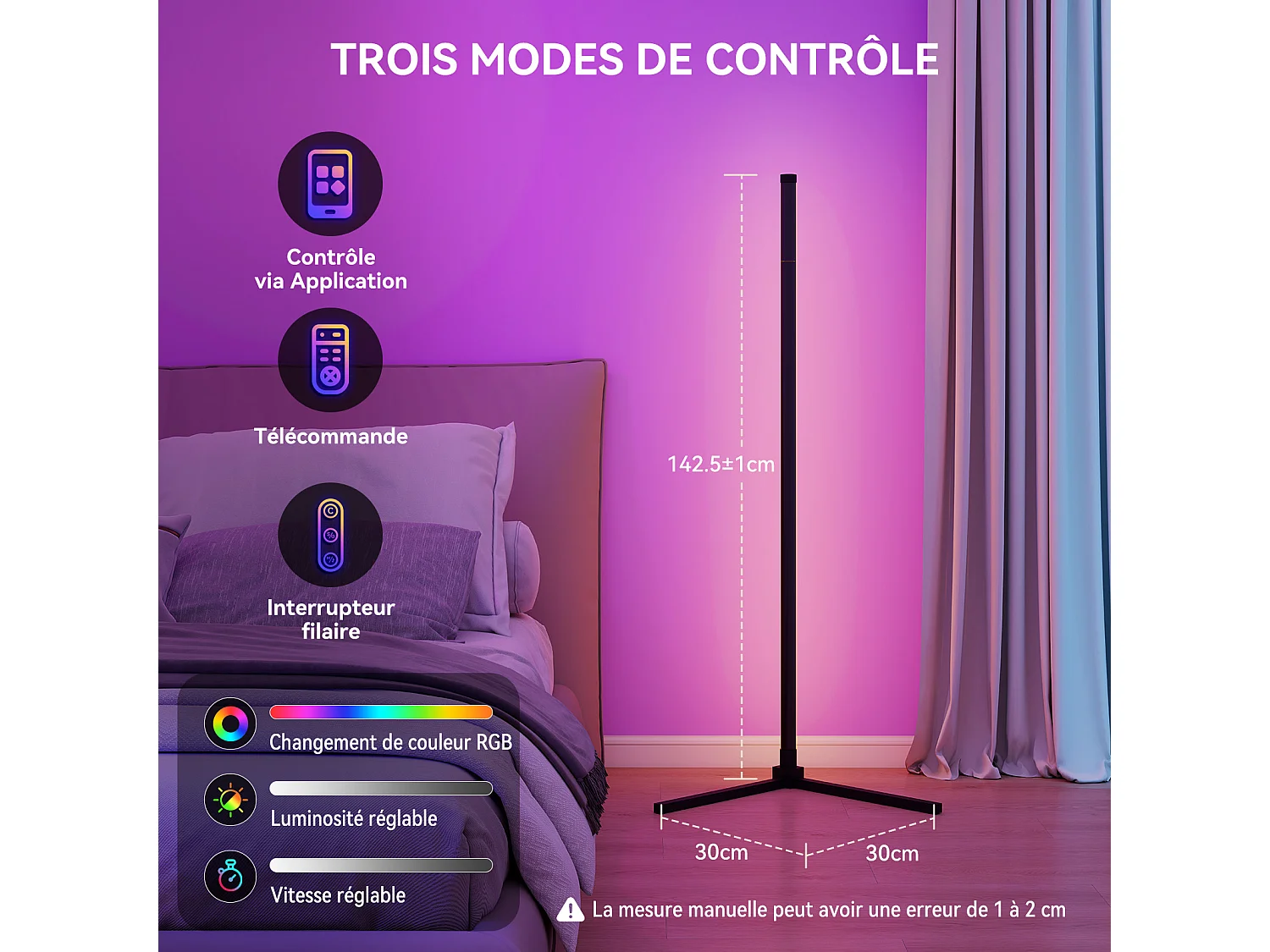 Lampadaire RGB - Puluomis - Contrôle APP, télécommande et interrupteur filaire, synchronisation musicale, fonction minuterie - Noir