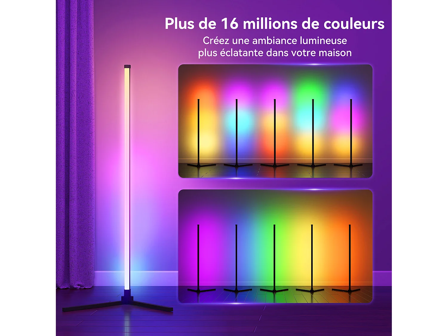Lampadaire RGB - Puluomis - Contrôle APP, télécommande et interrupteur filaire, synchronisation musicale, fonction minuterie - Noir