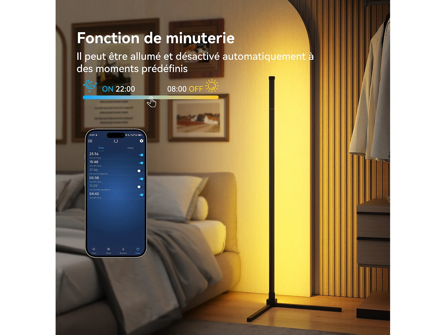 Lampadaire RGB - Puluomis - Contrôle APP, télécommande et interrupteur filaire, synchronisation musicale, fonction minuterie - Noir