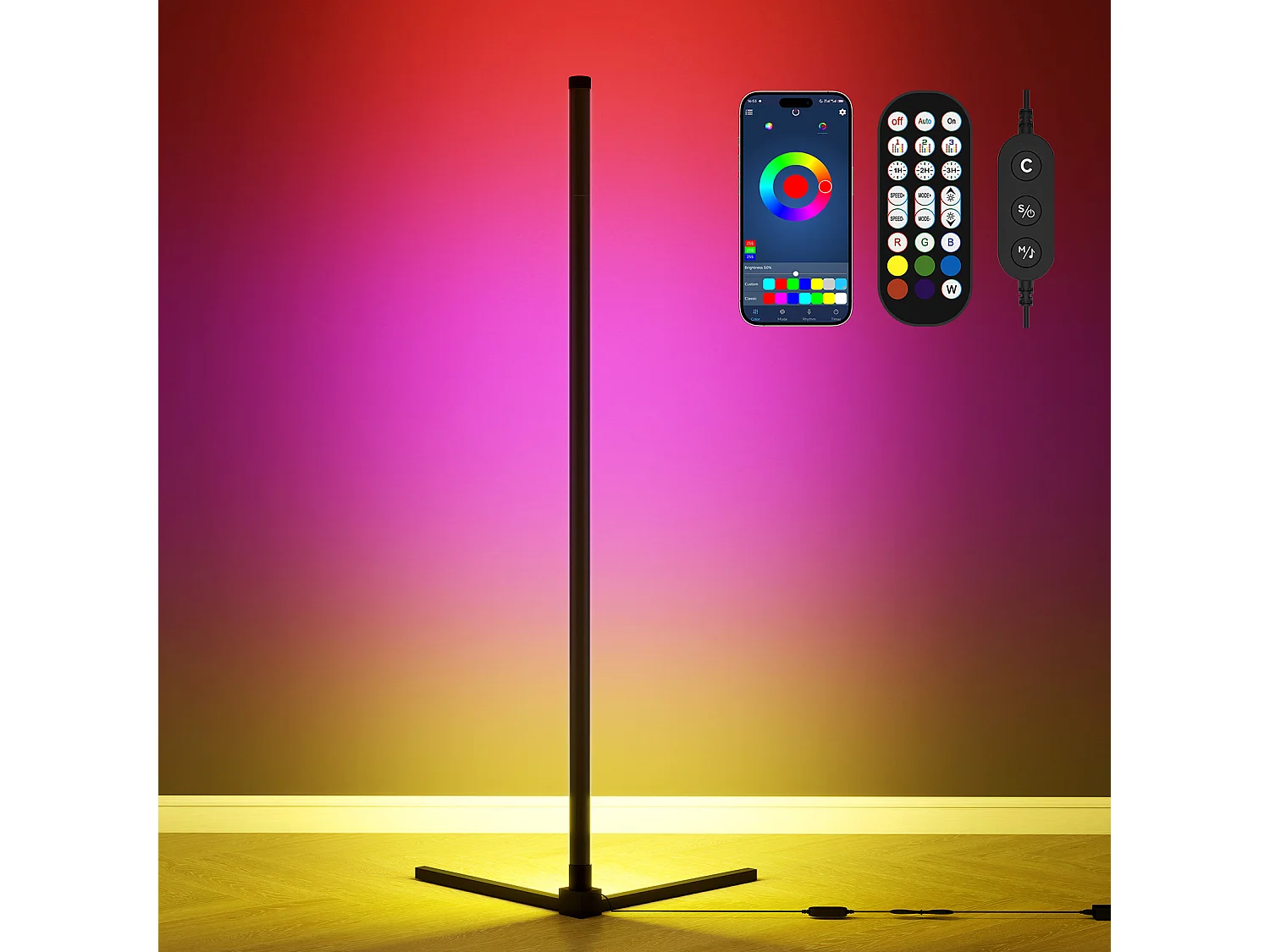 Lampadaire RGB - Puluomis - Contrôle APP, télécommande et interrupteur filaire, synchronisation musicale, fonction minuterie - Noir