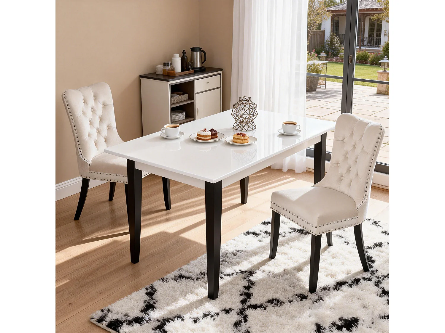 Chaise de salle à manger‑Puluomis‑Velours, capitonnage clouté, anneau de levage, mousse haute densité, ressorts sous assise‑Beige