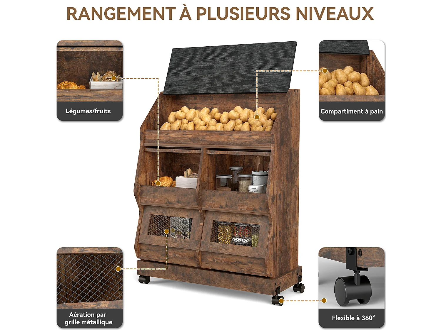 Armoire de rangement cuisine mobile - Puluomis - Multi-compartiments, porte rabattable, roulettes verrouillables - Brun