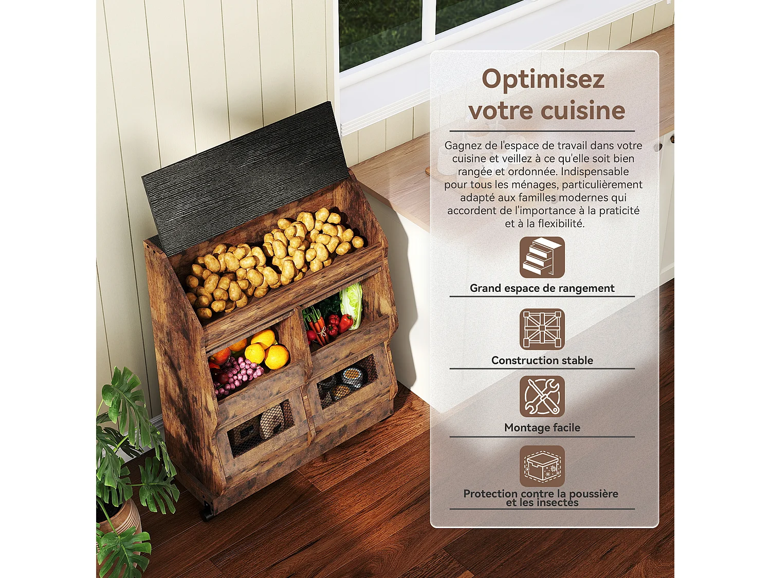 Armoire de rangement cuisine mobile - Puluomis - Multi-compartiments, porte rabattable, roulettes verrouillables - Brun