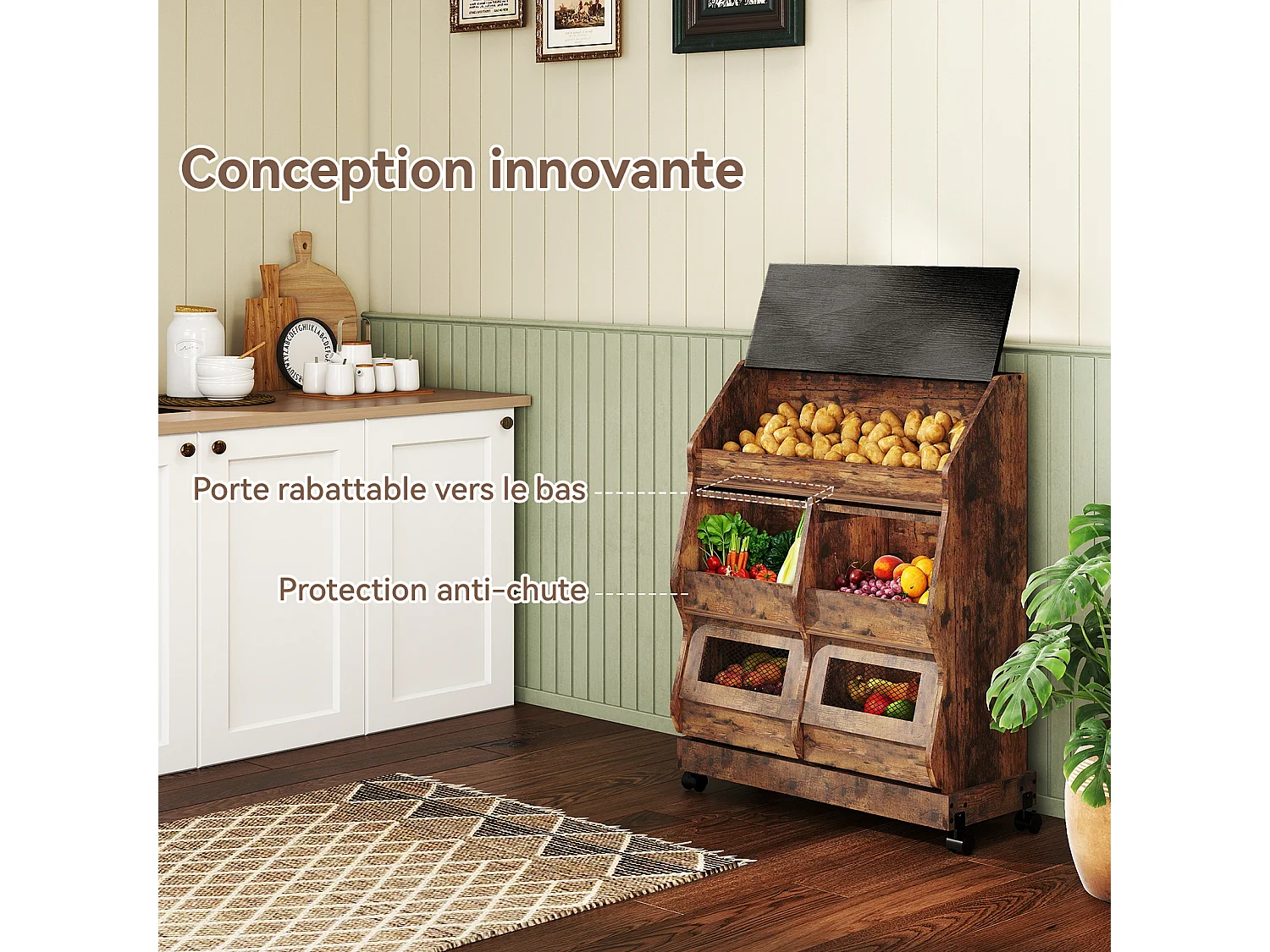 Armoire de rangement cuisine mobile - Puluomis - Multi-compartiments, porte rabattable, roulettes verrouillables - Brun