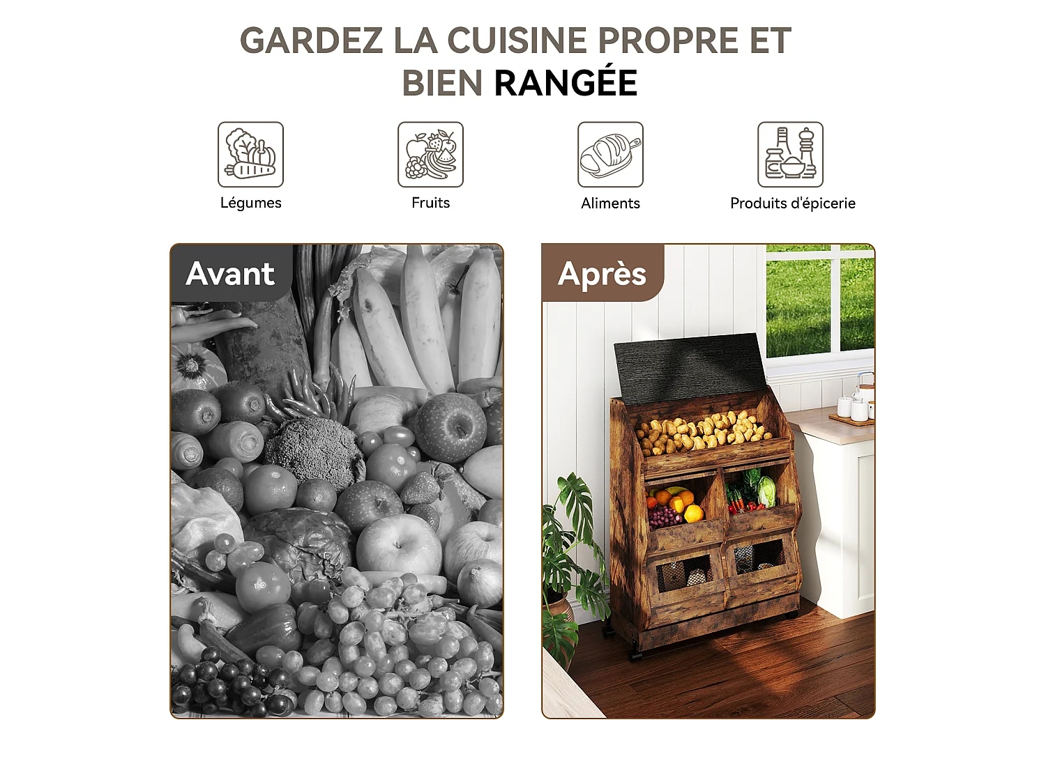 Armoire de rangement cuisine mobile - Puluomis - Multi-compartiments, porte rabattable, roulettes verrouillables - Brun