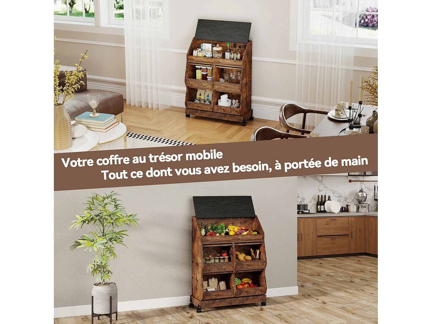 Armoire de rangement cuisine mobile - Puluomis - Multi-compartiments, porte rabattable, roulettes verrouillables - Brun