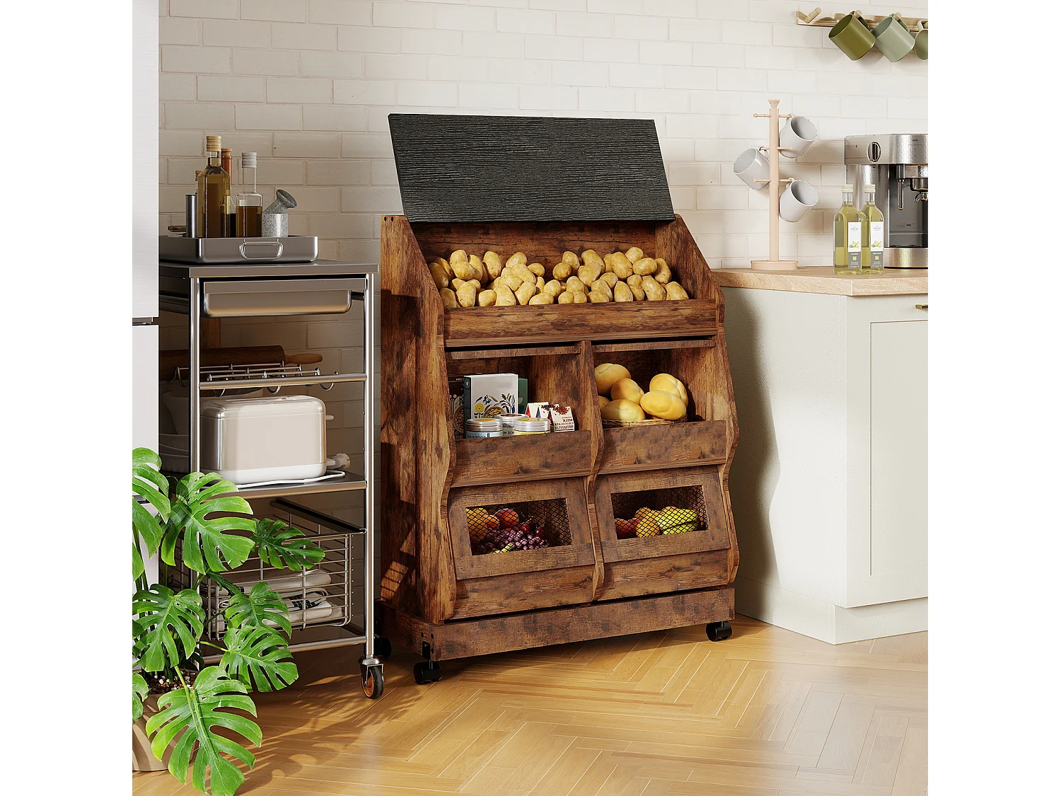 Armoire de rangement cuisine mobile - Puluomis - Multi-compartiments, porte rabattable, roulettes verrouillables - Brun