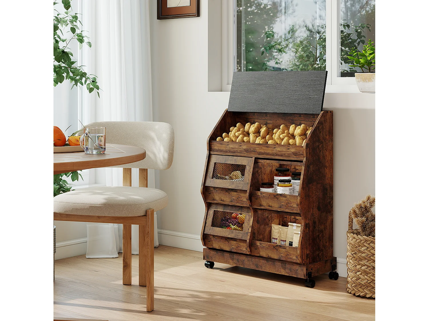 Armoire de rangement cuisine mobile - Puluomis - Multi-compartiments, porte rabattable, roulettes verrouillables - Brun