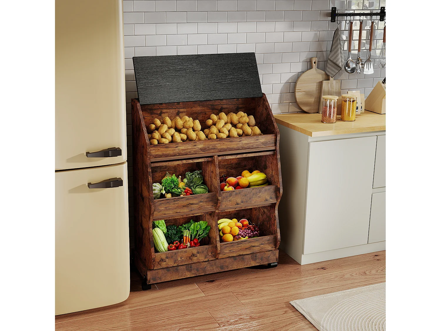 Armoire de rangement cuisine mobile - Puluomis - Multi-compartiments, porte rabattable, roulettes verrouillables - Brun