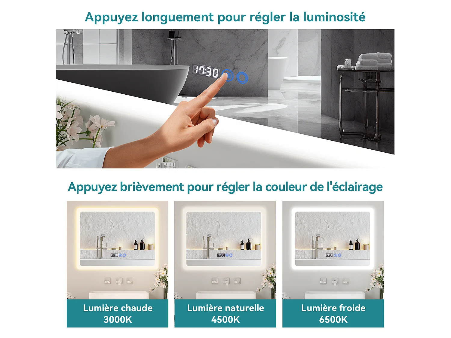 80 x 60 cm Miroir de salle de bain LED - Puluomis - anti‑buée, 3 couleurs, affichage heure‑température, IP44