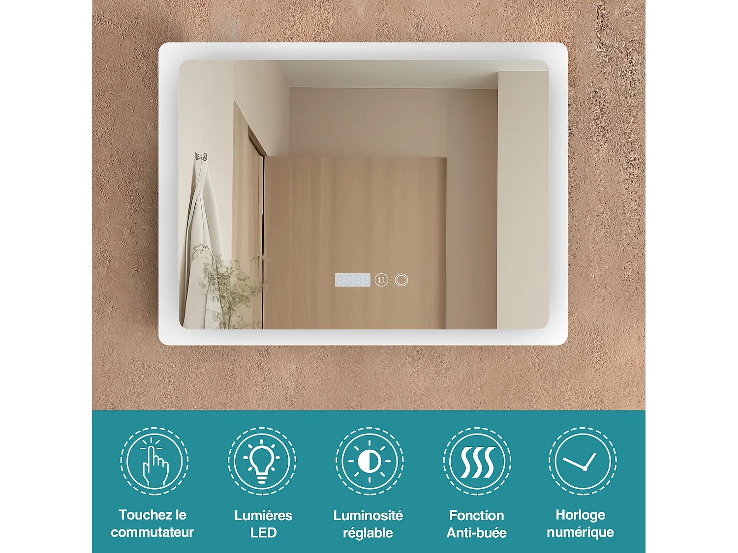 80 x 60 cm Miroir de salle de bain LED - Puluomis - anti‑buée, 3 couleurs, affichage heure‑température, IP44