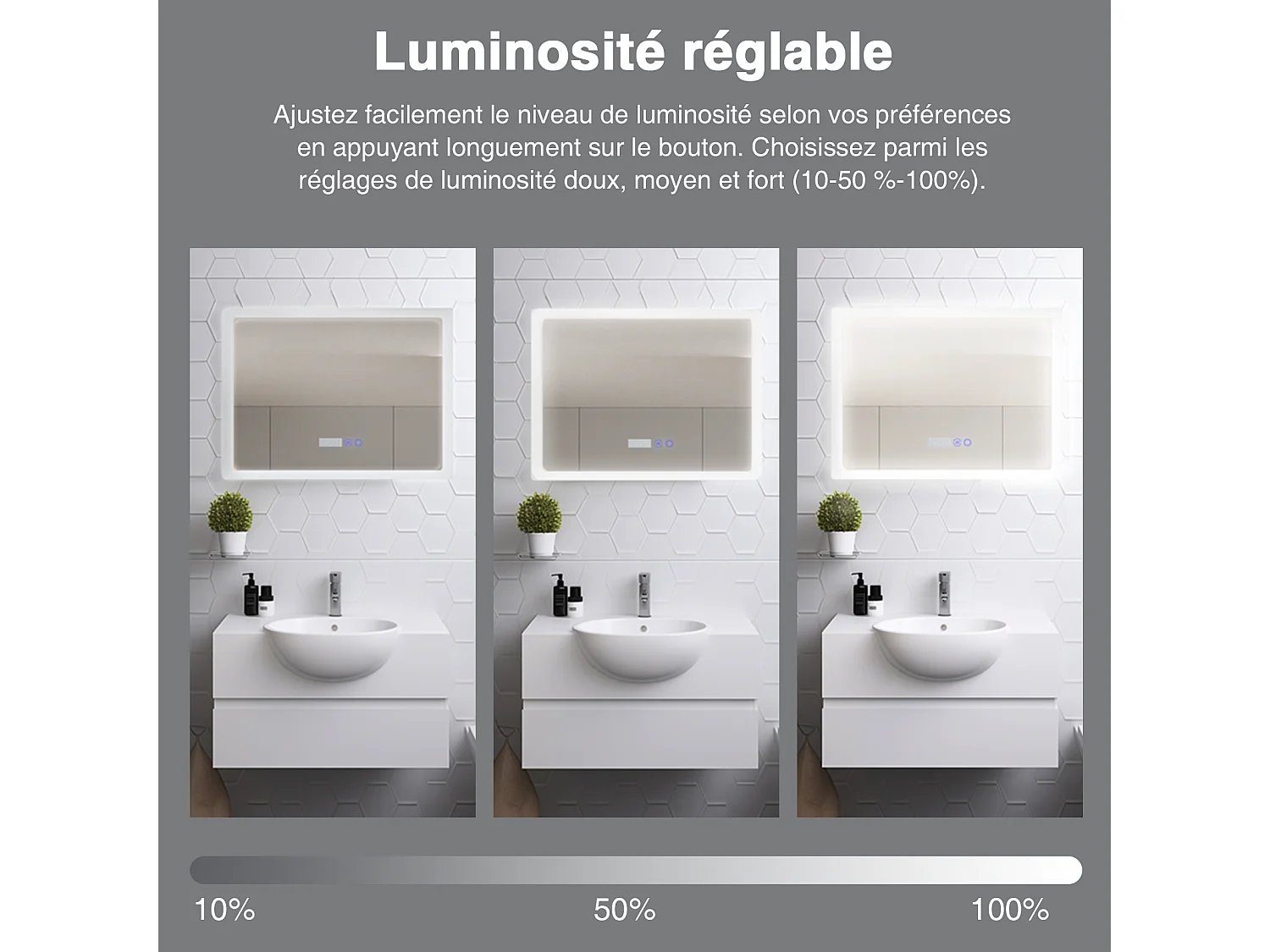 80 x 60 cm Miroir de salle de bain LED - Puluomis - anti‑buée, 3 couleurs, affichage heure‑température, IP44