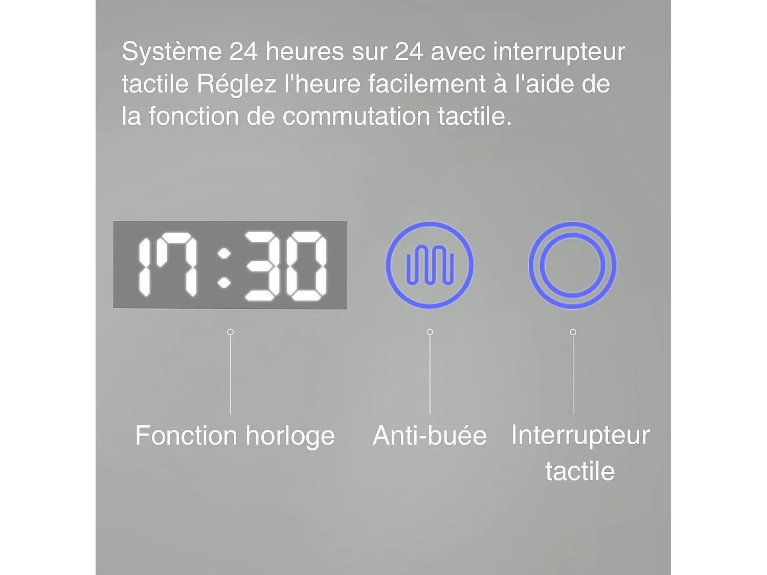 80 x 60 cm Miroir de salle de bain LED - Puluomis - anti‑buée, 3 couleurs, affichage heure‑température, IP44