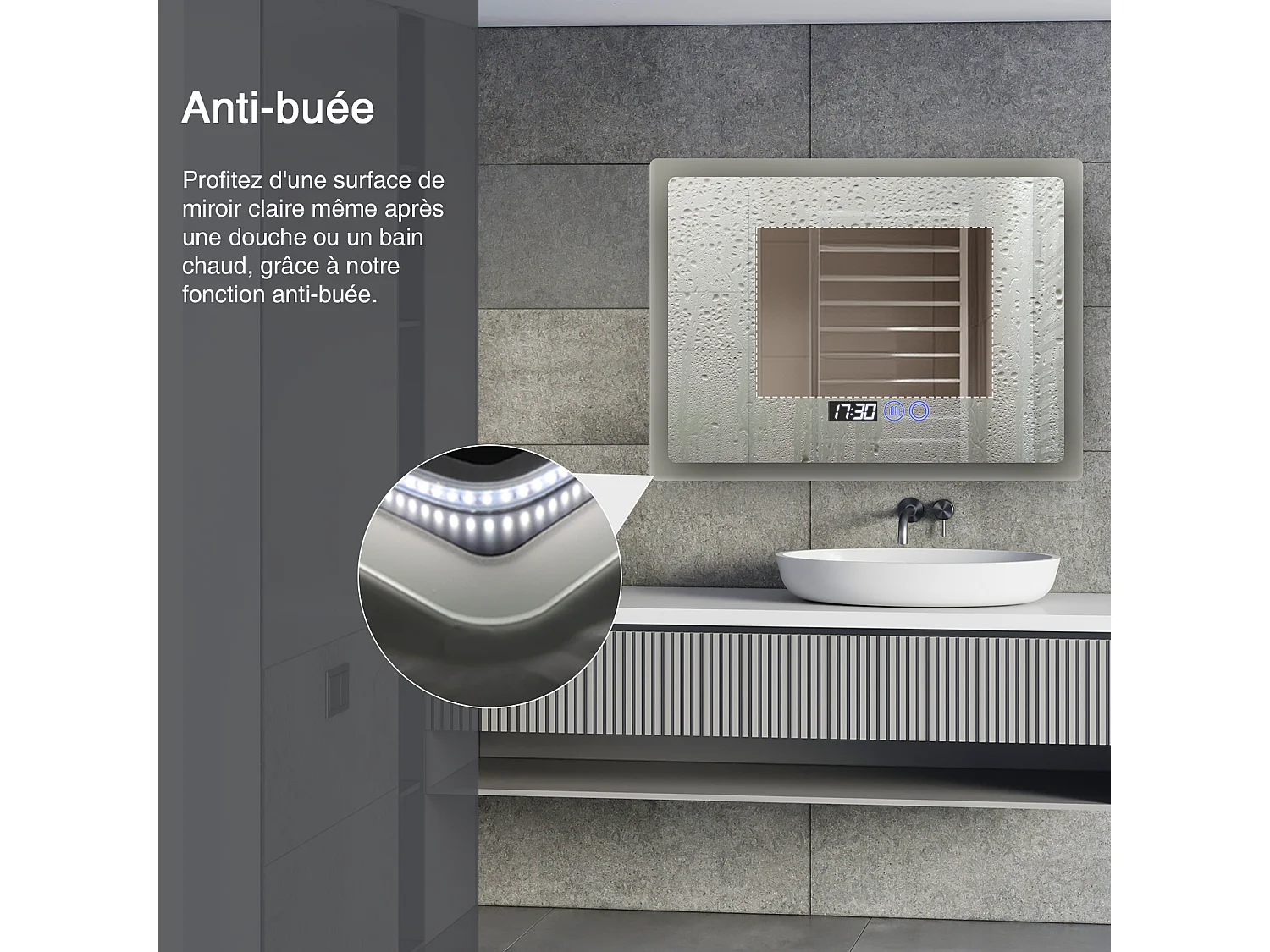 80 x 60 cm Miroir de salle de bain LED - Puluomis - anti‑buée, 3 couleurs, affichage heure‑température, IP44
