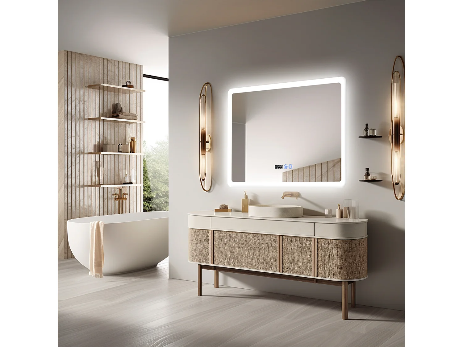 80 x 60 cm Miroir de salle de bain LED - Puluomis - anti‑buée, 3 couleurs, affichage heure‑température, IP44