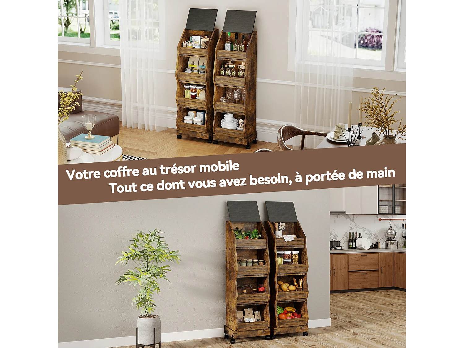 Armoire de rangement de cuisine - Puluomis - 4 compartiments, porte rabattable, roulettes 360°, grille d’aération, charge 20 kg - Brun