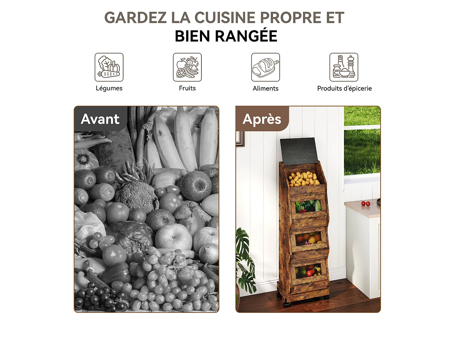 Armoire de rangement de cuisine - Puluomis - 4 compartiments, porte rabattable, roulettes 360°, grille d’aération, charge 20 kg - Brun