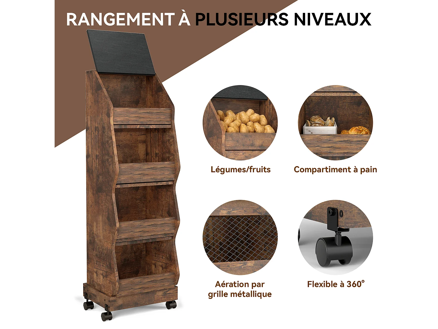 Armoire de rangement de cuisine - Puluomis - 4 compartiments, porte rabattable, roulettes 360°, grille d’aération, charge 20 kg - Brun