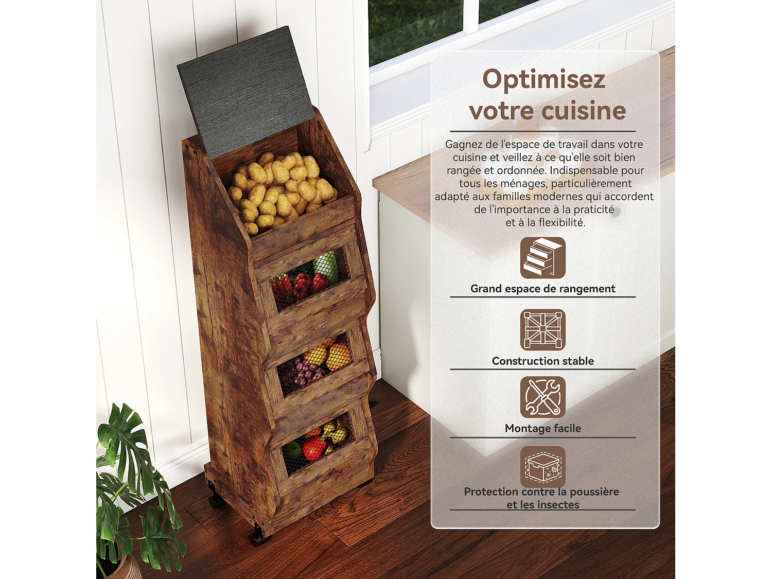 Armoire de rangement de cuisine - Puluomis - 4 compartiments, porte rabattable, roulettes 360°, grille d’aération, charge 20 kg - Brun