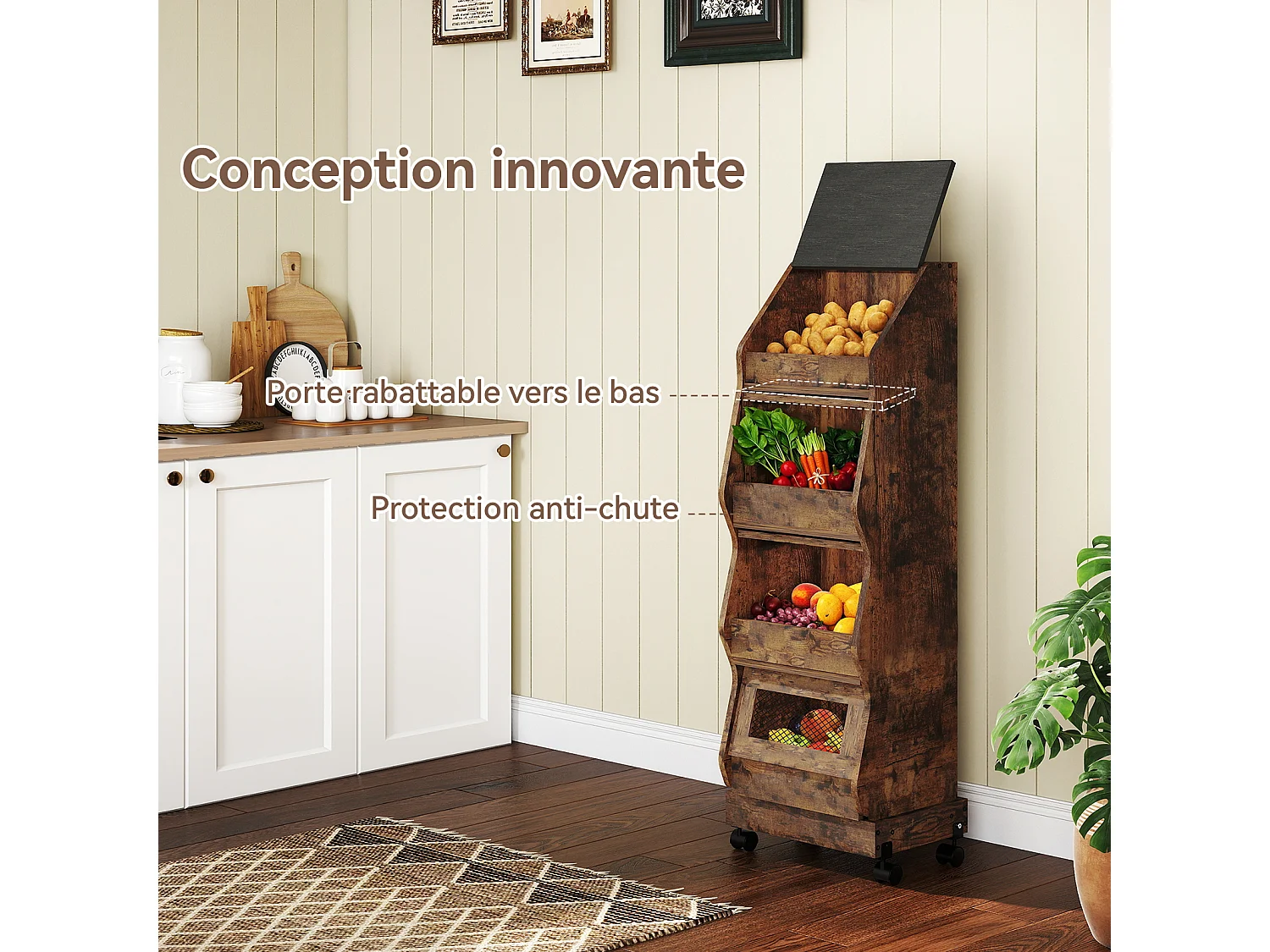 Armoire de rangement de cuisine - Puluomis - 4 compartiments, porte rabattable, roulettes 360°, grille d’aération, charge 20 kg - Brun
