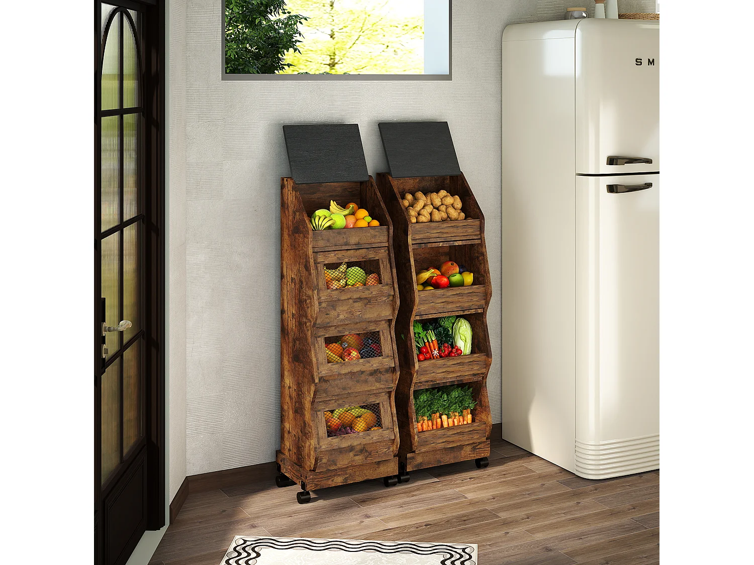 Armoire de rangement de cuisine - Puluomis - 4 compartiments, porte rabattable, roulettes 360°, grille d’aération, charge 20 kg - Brun